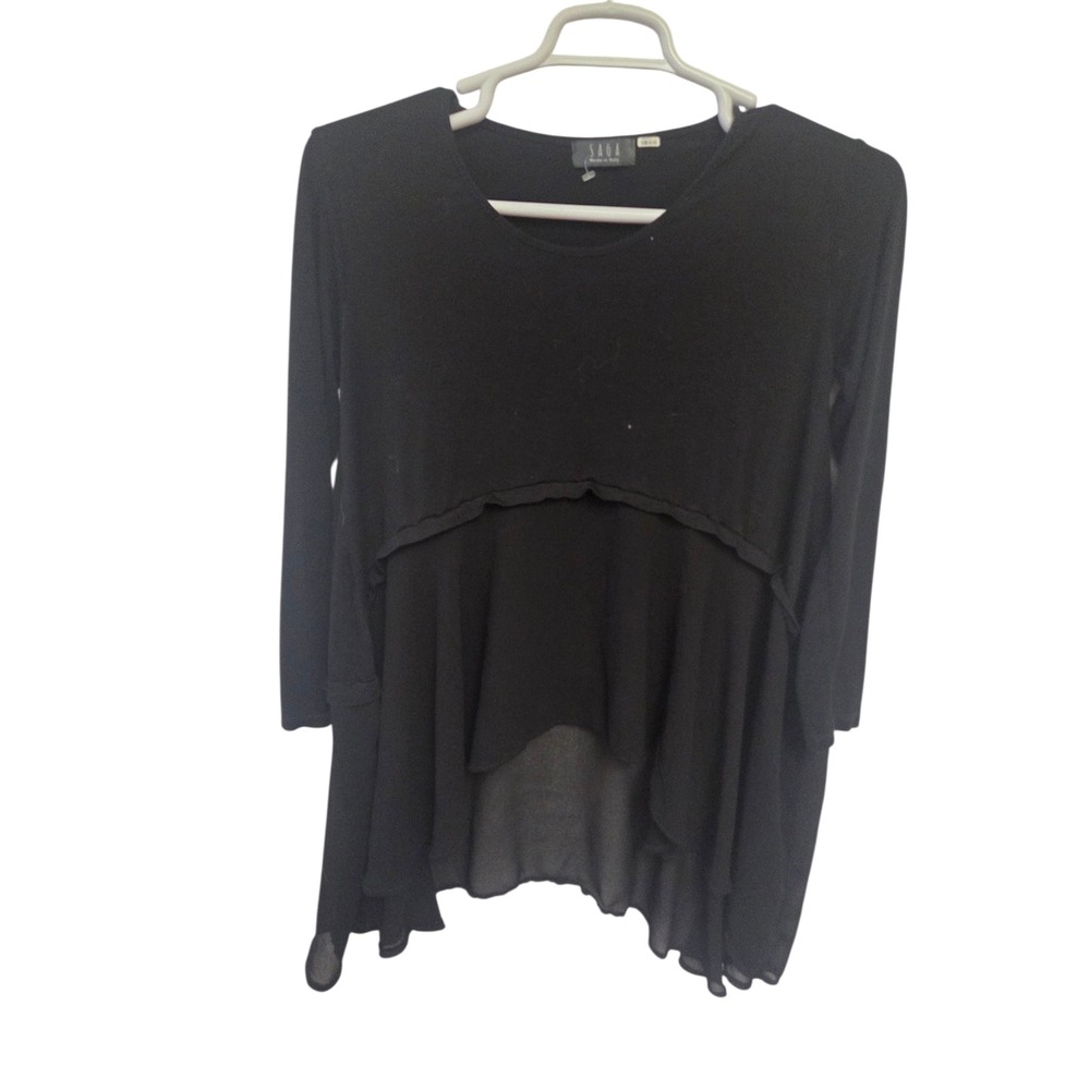 Saga‎ Made in Italy Black Layered High Low Chiffon Hem Tunic Top Long Sleeve L